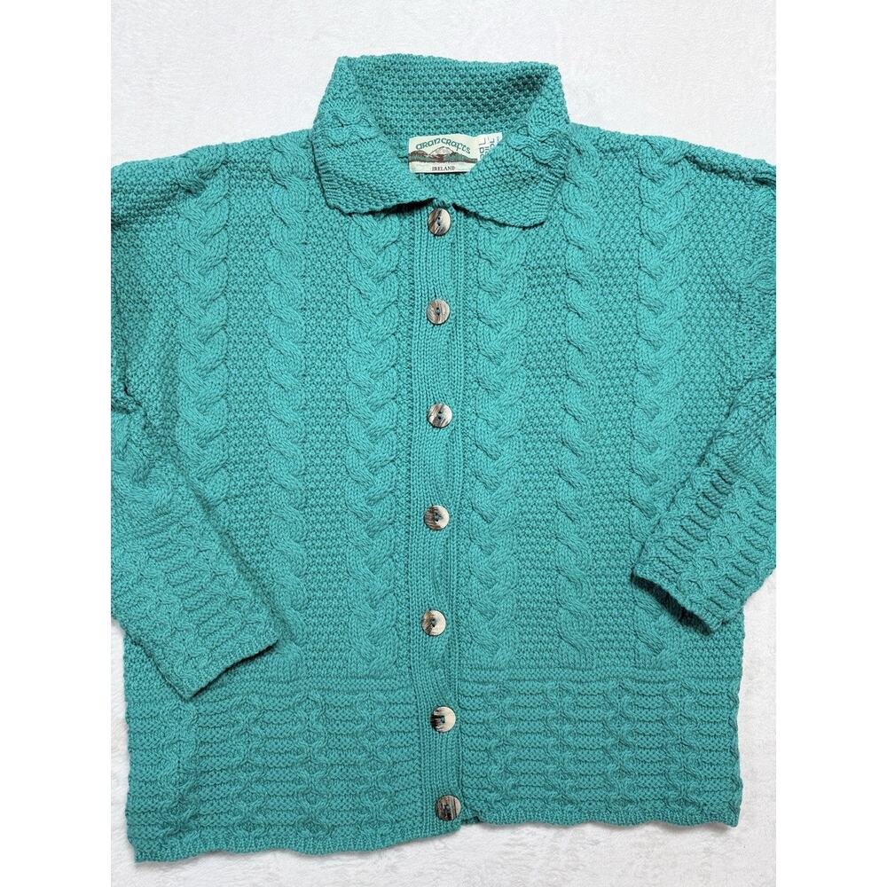 ARAN CRAFTS Vtg Fisherman Sweater 100% Merino Heritage Wool Emerald Green Sz L